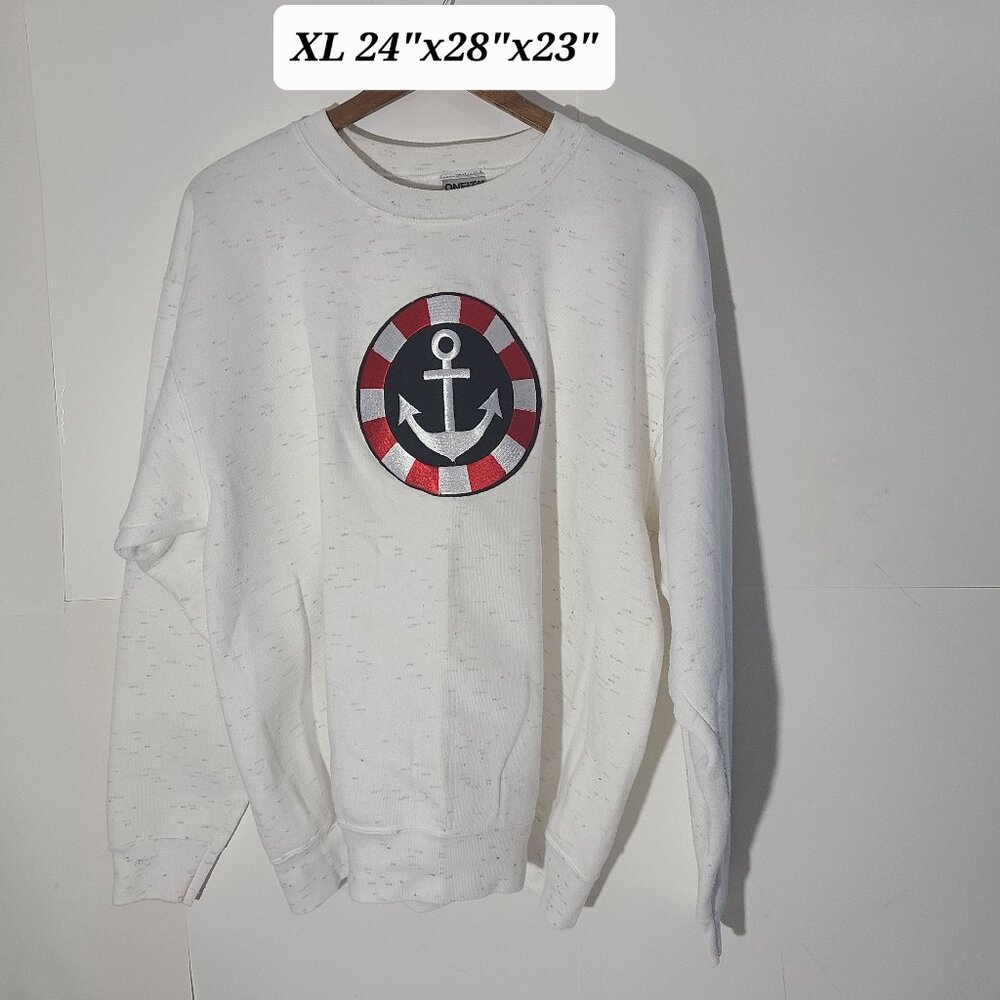 Vintage 90s Nautical Anchor White/Gray Embroidered XL Sweatshirt Made in USA